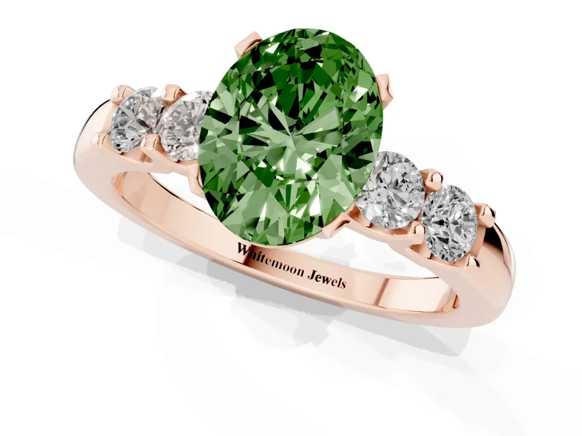 Fancy Green Oval Cut Brilliant Cut Diamond Five-Stone Prong Set Engagement Ring with Channel Band Rose gold