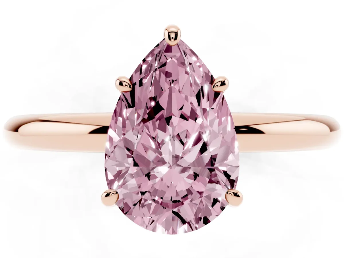 Fancy Pink Pear Cut Solitaire Diamond Ring with Four-Prong Setting on a Plain Band Rose gold