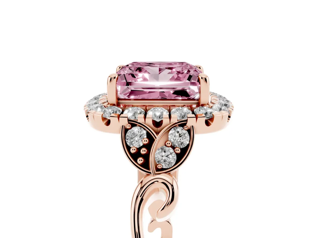 Fancy Pink Princess Cut Halo Diamond Engagement Ring with Vintage-Inspired Band and Four-Prong Setting Rose gold