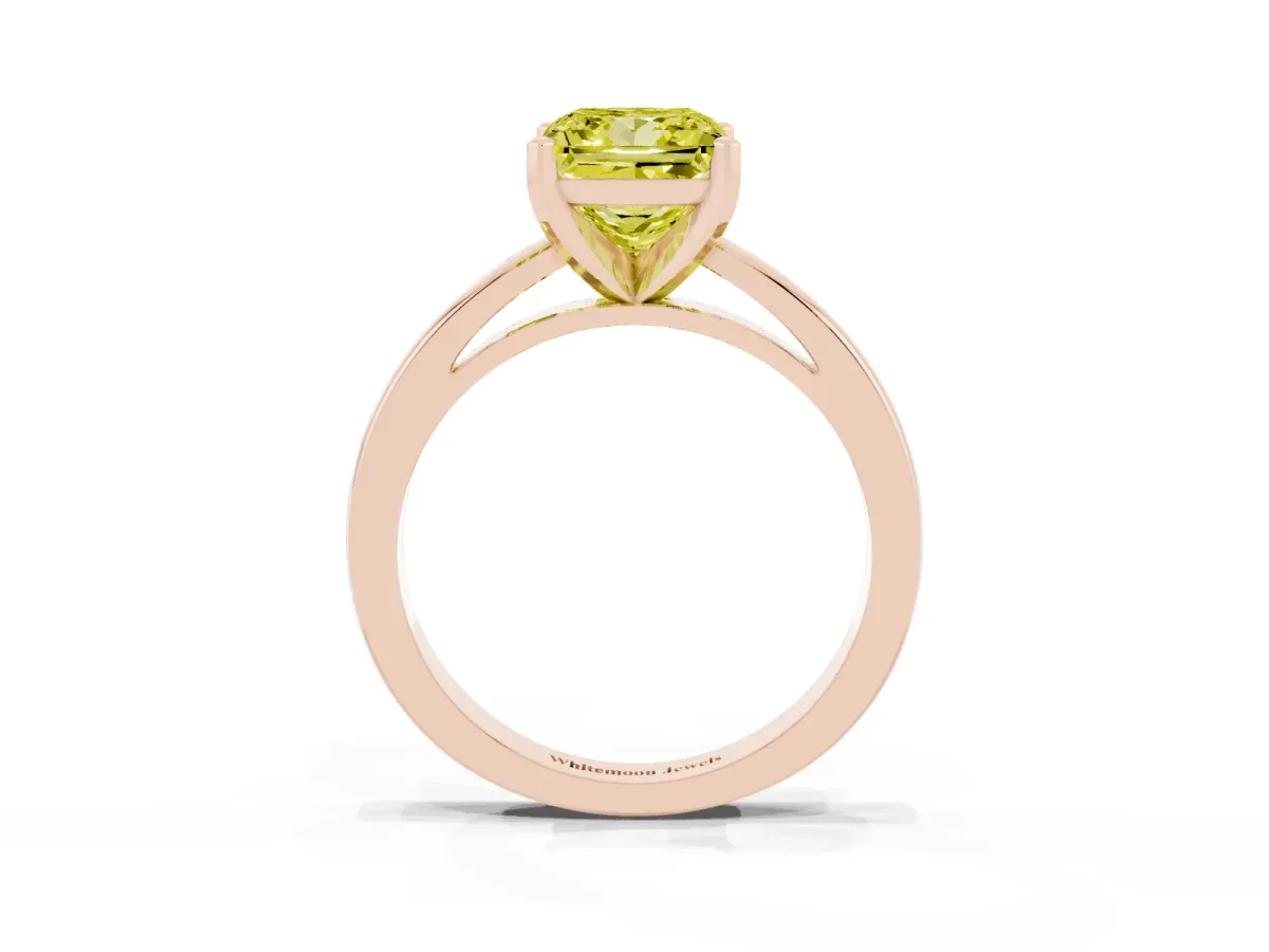 Fancy Yellow Princess Cut Solitaire Diamond Engagement Ring with Four-Prong Setting on a Classic Band Rose gold