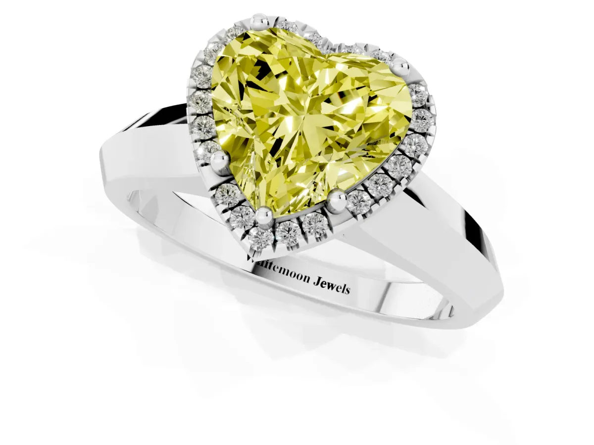 Fancy Yellow Heart Cut Halo Diamond Ring with Cathedral Band and Four-Prong Setting Silver