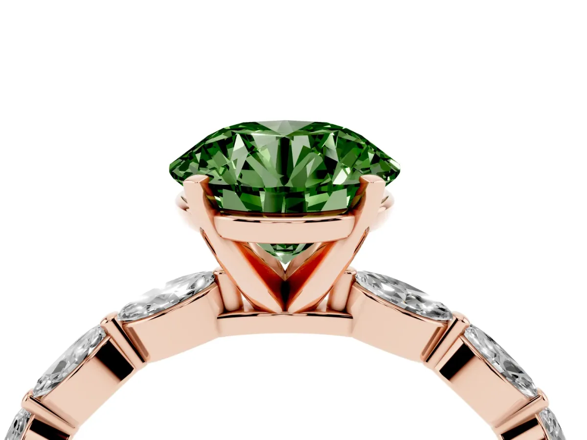 Fancy Green Round Cut Diamond Ring with Marquise Side Stones and Prong Setting Rose gold