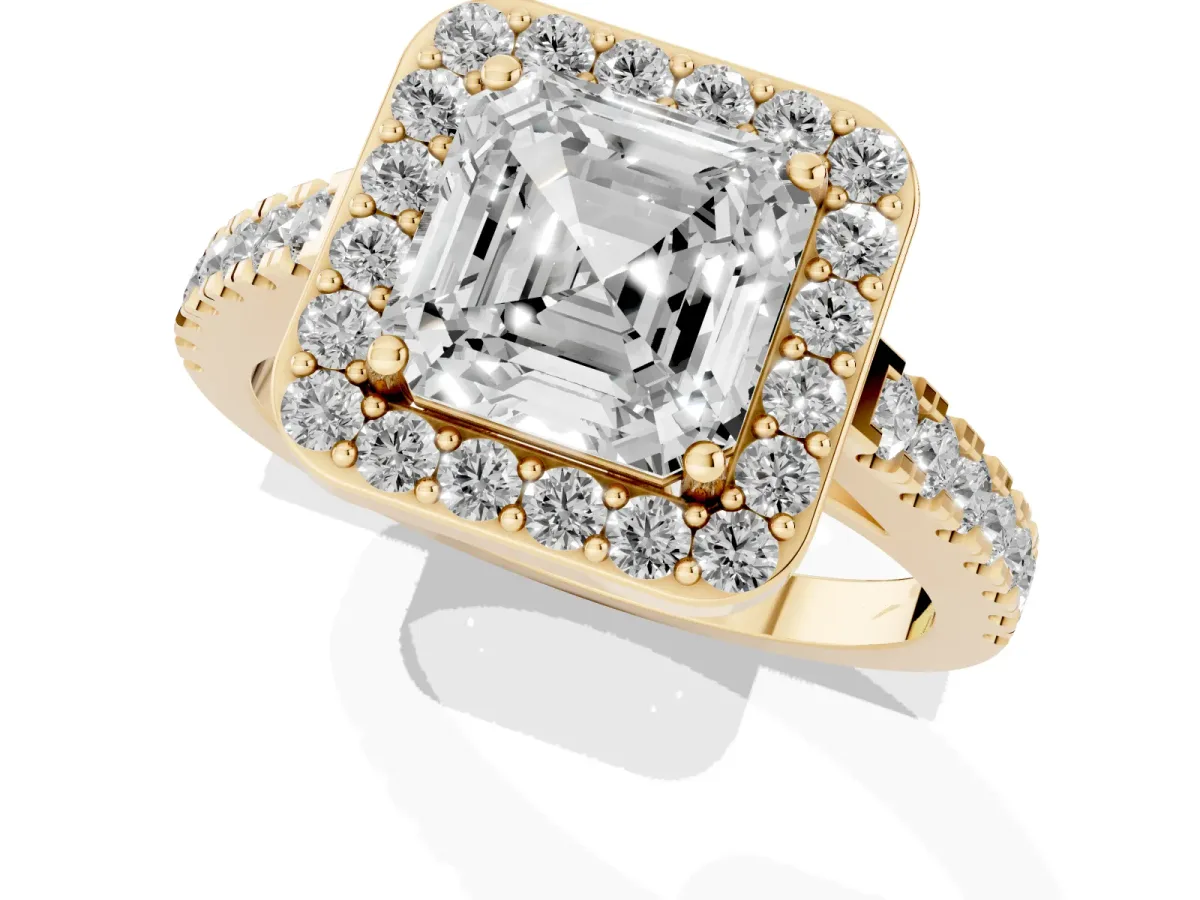 Asscher Cut Diamond Halo Ring with Round Pavé Split Shank and Prong Setting Yellow gold