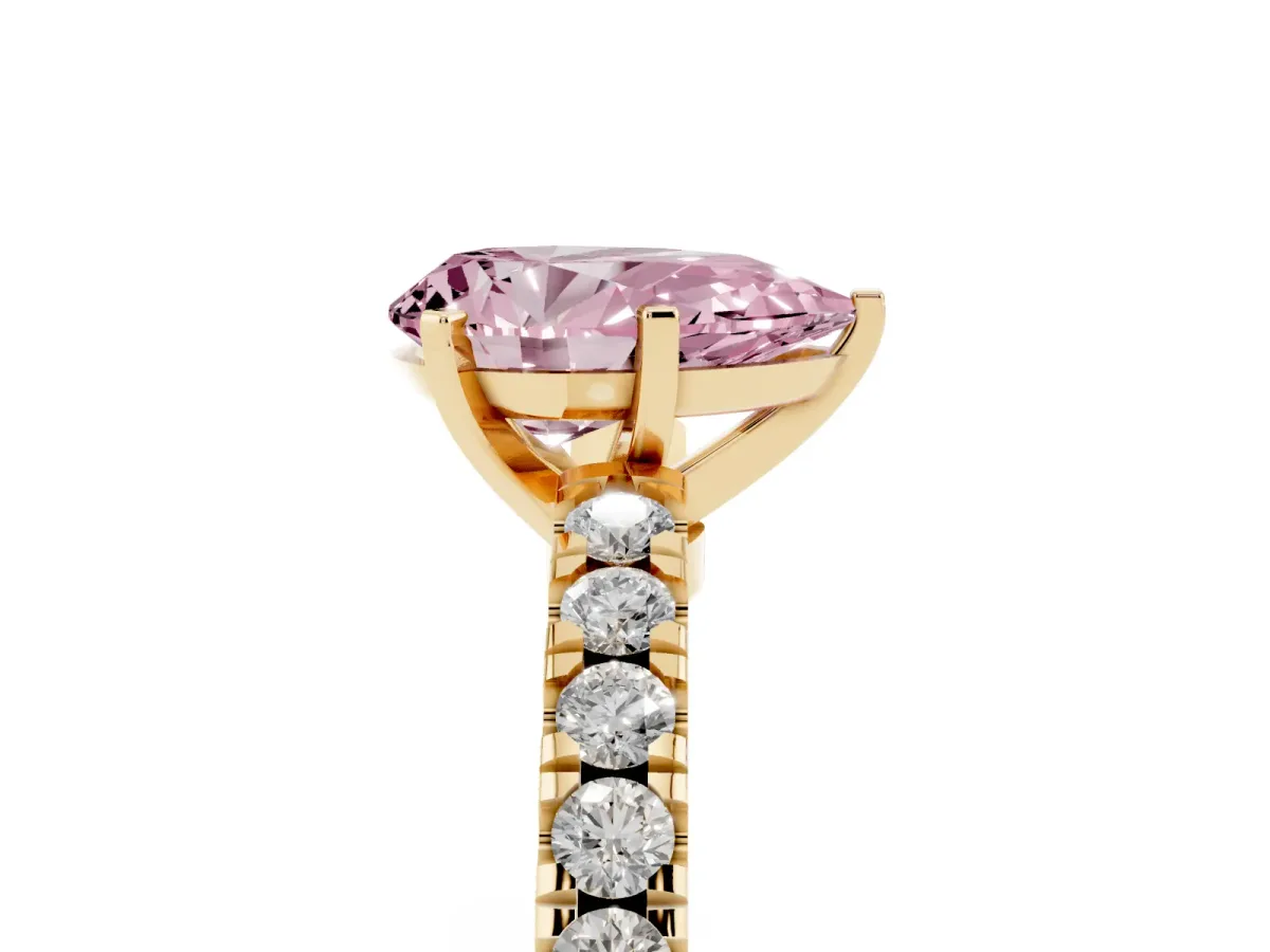 Fancy Pink Pear Cut Solitaire Diamond with Pavé Band and Four-Prong Setting Yellow gold