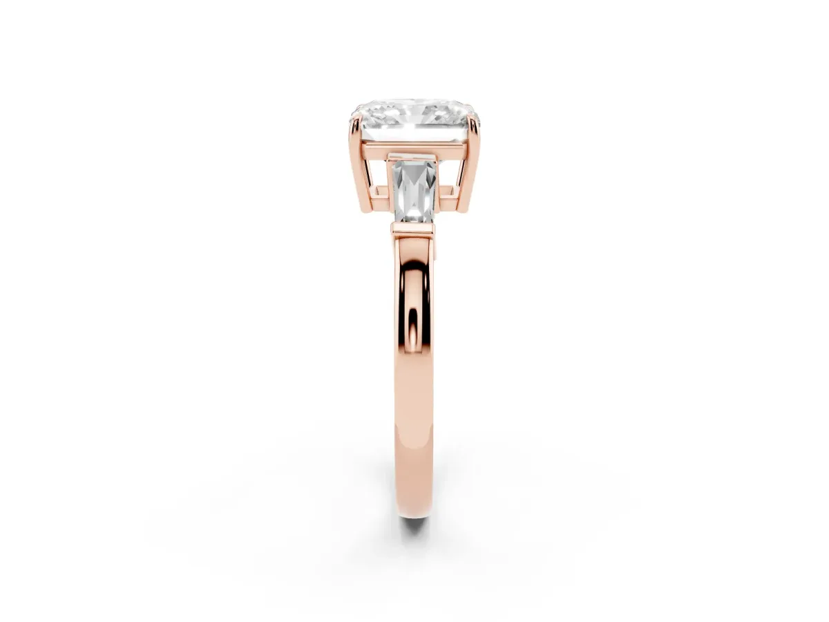Radiant Cut Diamond Three-Stone Ring with Tapered Baguette Side Stones and Prong Setting Rose gold