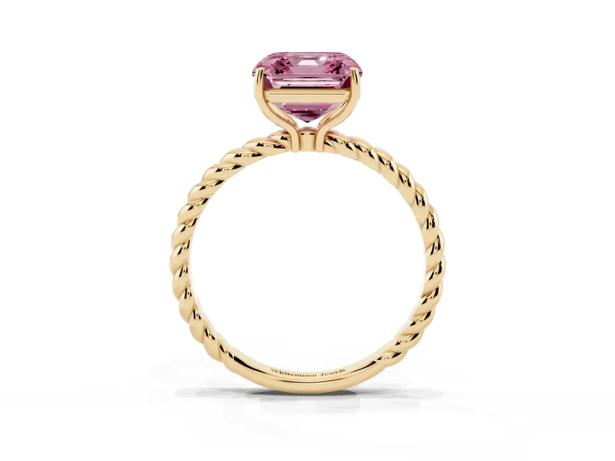 Fancy Pink Asscher Cut Solitaire Twist Band Ring with Four-Prong Setting Yellow gold