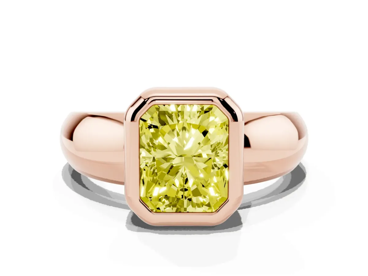 Fancy Yellow Bezel Set Radiant Cut Solitaire Ring with Wide Band Rose gold