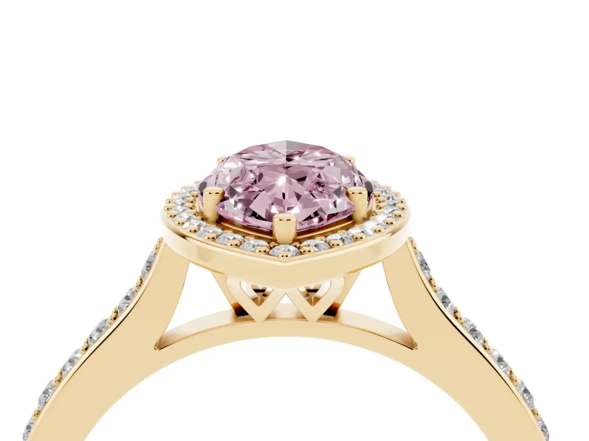 Fancy Pink Marquise Cut Diamond Halo Engagement Ring with Round Pavé Shoulders and Prong Setting Yellow gold