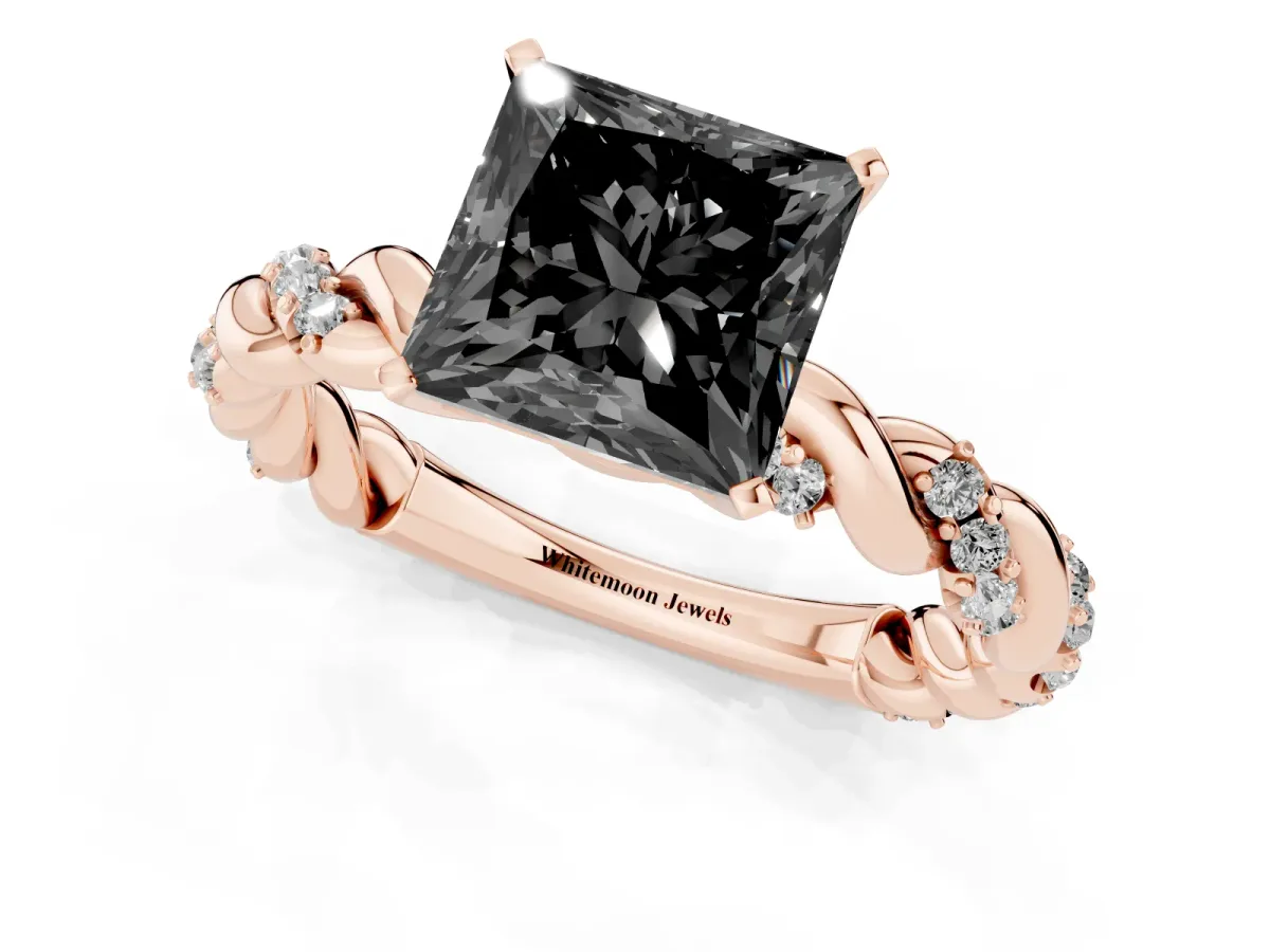 Fancy Black Princess Cut Diamond Solitaire Ring with Twisted Band and Pavé Accents Rose gold
