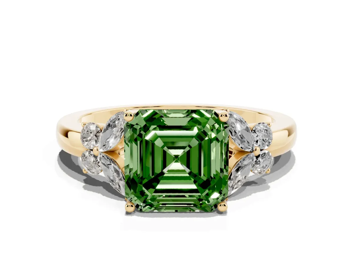 Fancy Green Asscher Cut Cut Solitaire Floral Diamond Ring with Four-Prong Setting Yellow gold