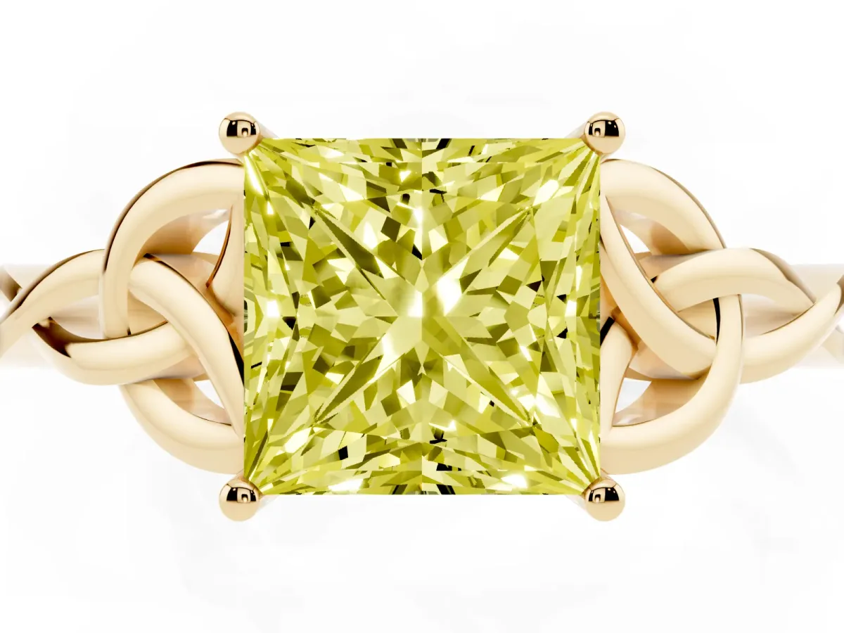 Fancy Yellow Princess Cut Diamond Solitaire Engagement Ring with Celtic Knot Band and Four-Prong Setting Yellow gold