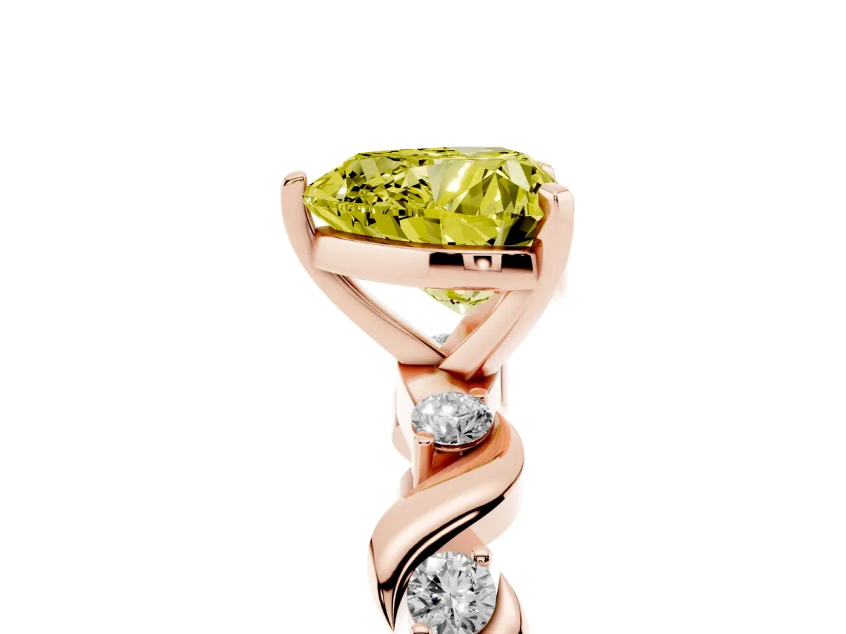 Fancy Yellow Heart Cut Diamond Solitaire Twisted Band with Round Accents and Prong Setting Rose gold