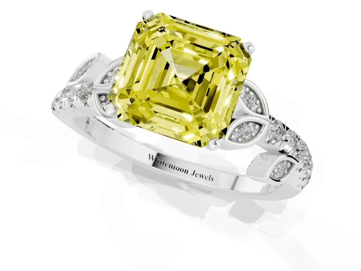 Fancy Yellow Asscher Cut Solitaire Leaf-Inspired Diamond Ring with Pavé Band and Four-Prong Setting Silver
