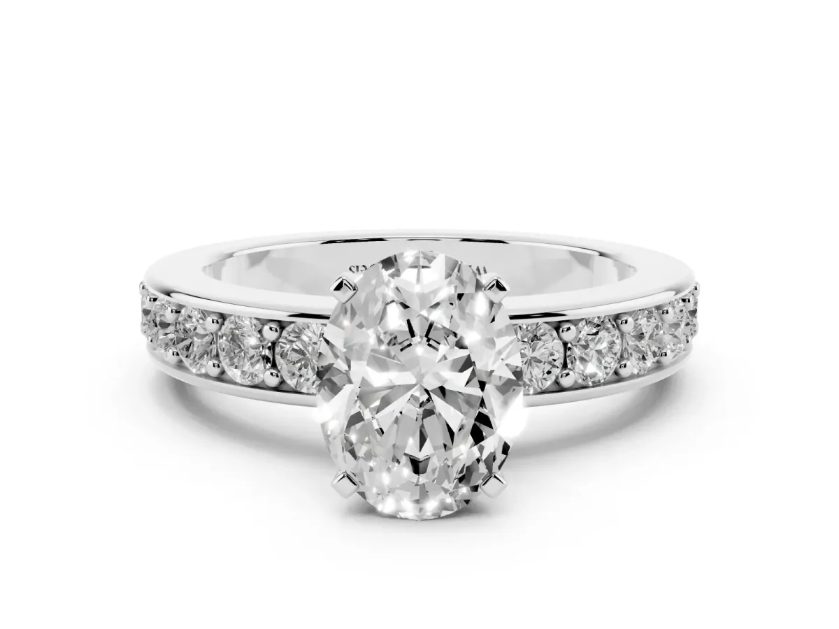Oval Cut Diamond Engagement Ring with Channel Set Round Band and Prong Setting Platinum