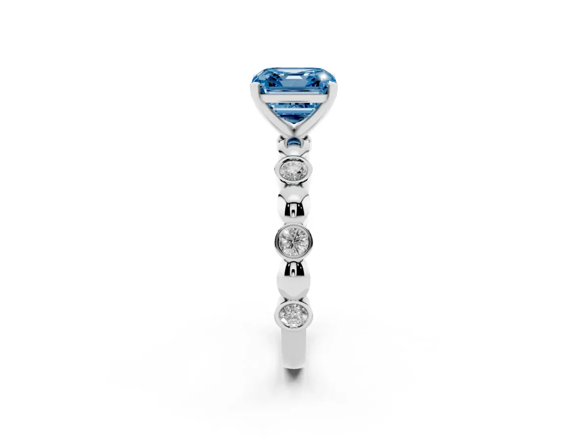 Fancy Blue Asscher Cut Solitaire Bezel-Set Diamond Ring with Beaded Band and Four-Prong Setting Silver