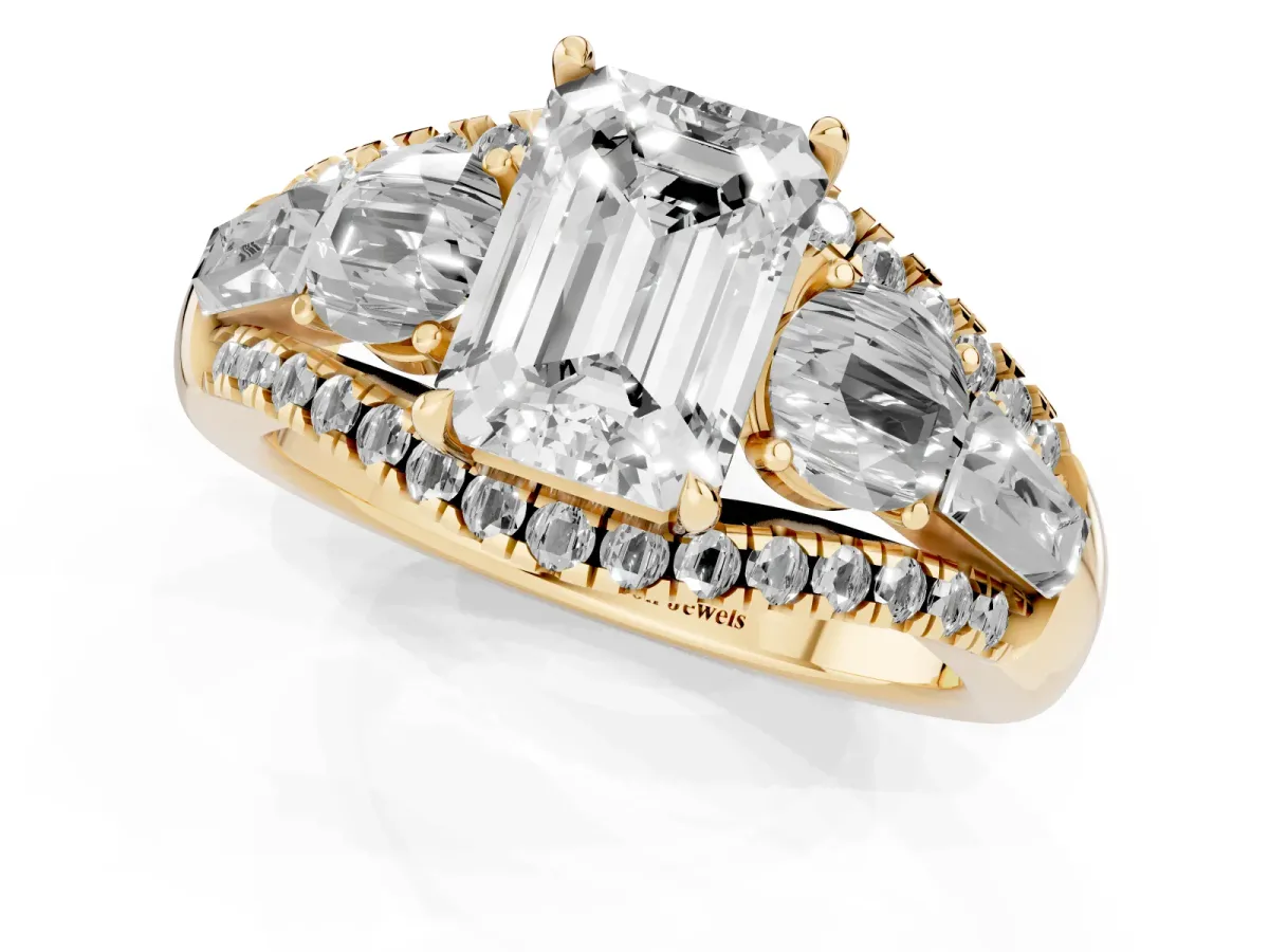 Three-Stone Emerald Cut Diamond Engagement Ring with Pave Band and Prong Setting Yellow gold