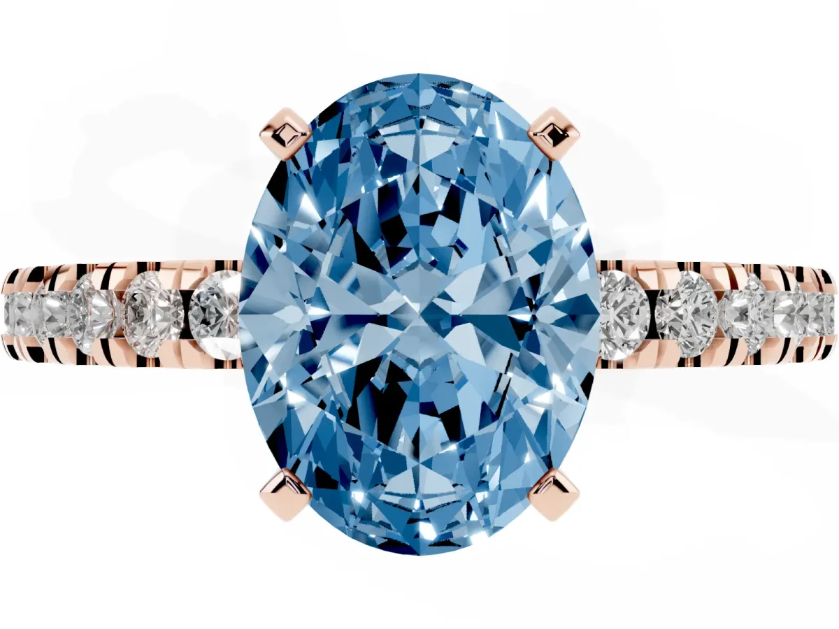 Fancy Blue Oval Cut Solitaire Diamond with Pavé Band and Four-Prong Setting Rose gold