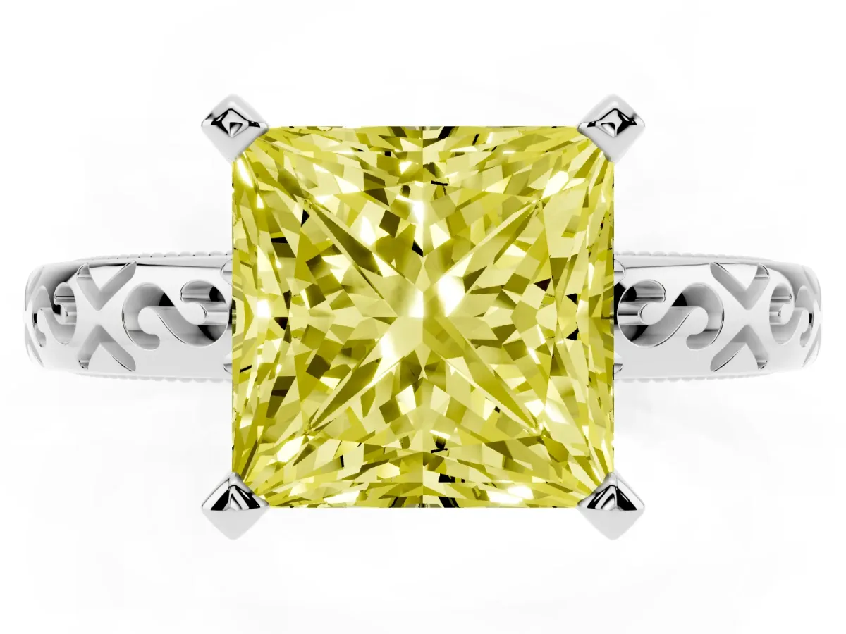 Fancy Yellow Princess Cut Solitaire Engagement Ring with Scrollwork Band and Four-Prong Setting Silver