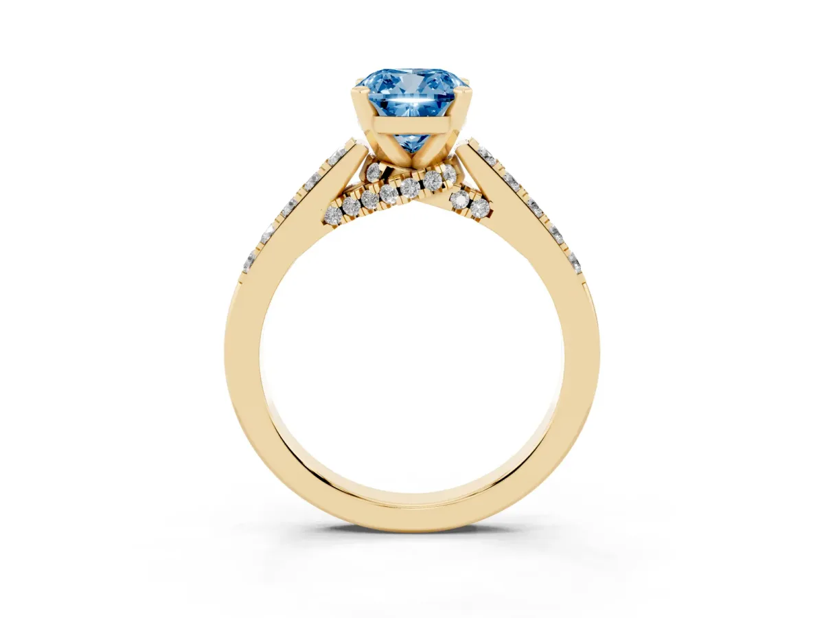 Fancy Blue Cushion Cut Diamond Solitaire Ring with Crossover Gallery and Round Pavé Band Yellow gold