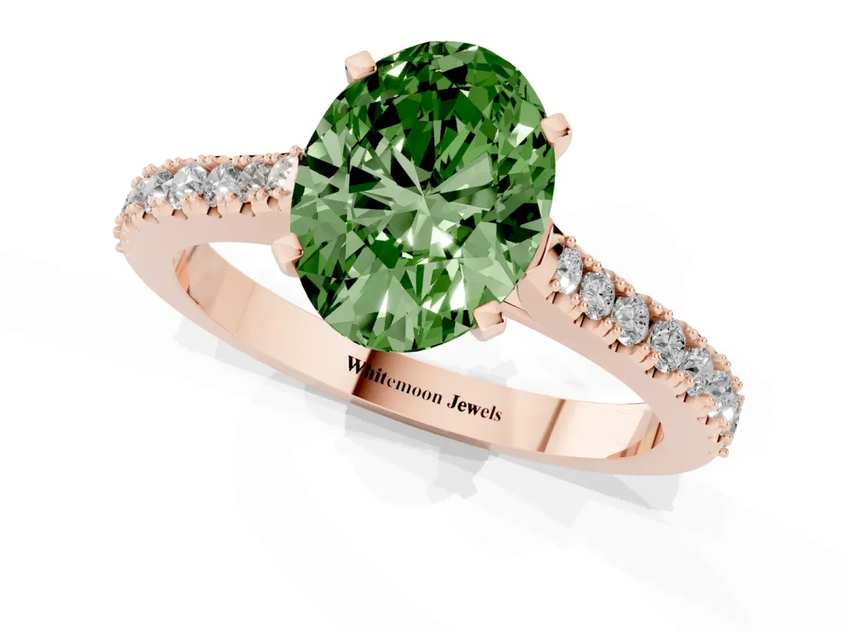 Fancy Green Oval Cut Cut Solitaire Diamond Engagement Ring with Pave Band and Four-Prong Setting Rose gold