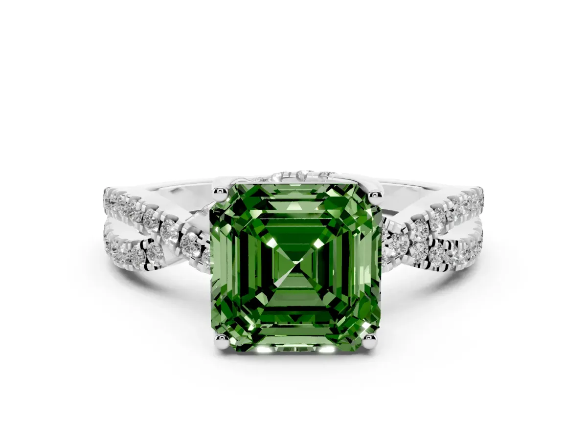 Fancy Green Asscher Cut Solitaire Twist Pave Diamond Engagement Ring with Prong Setting Silver