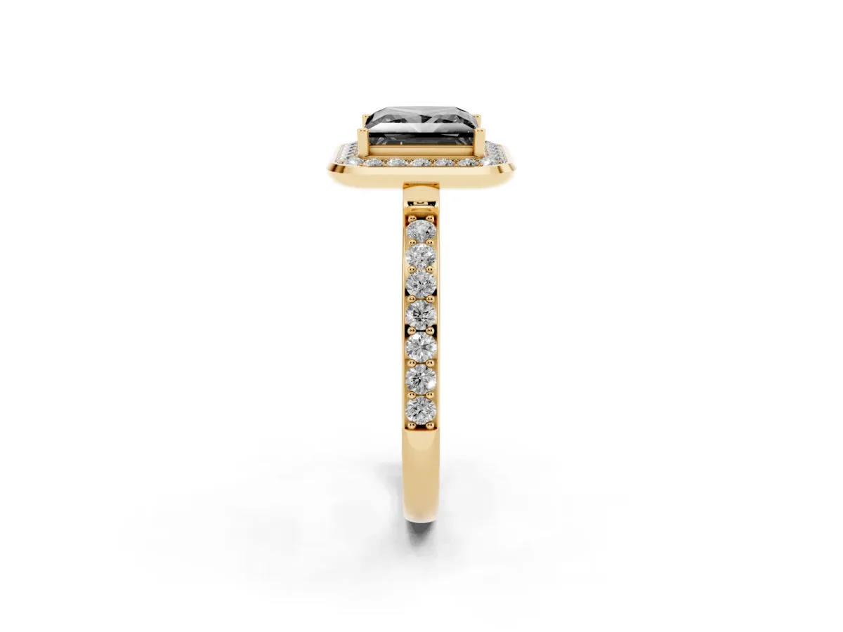 Fancy Black Princess Cut Diamond Halo Ring with Bezel Frame and Pavé Band Yellow gold