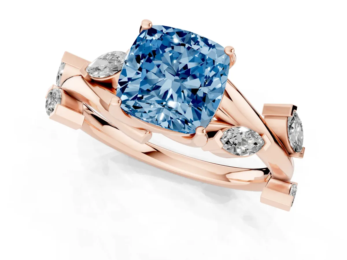 Fancy Blue Cushion Cut Solitaire Twisted Band Marquise Accent Prong Setting Ring Rose gold