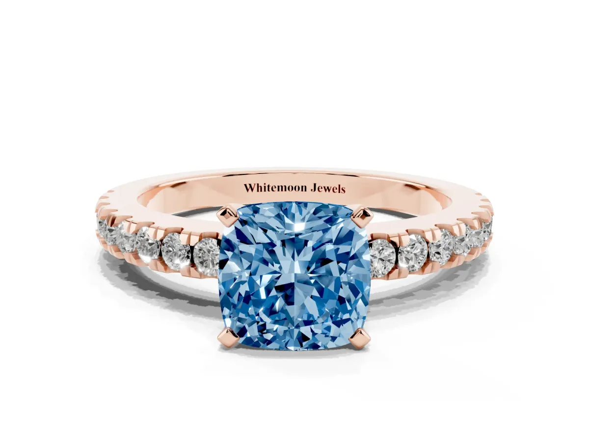 Fancy Blue Cushion Cut Solitaire Diamond with Pavé Band and Four-Prong Setting Rose gold