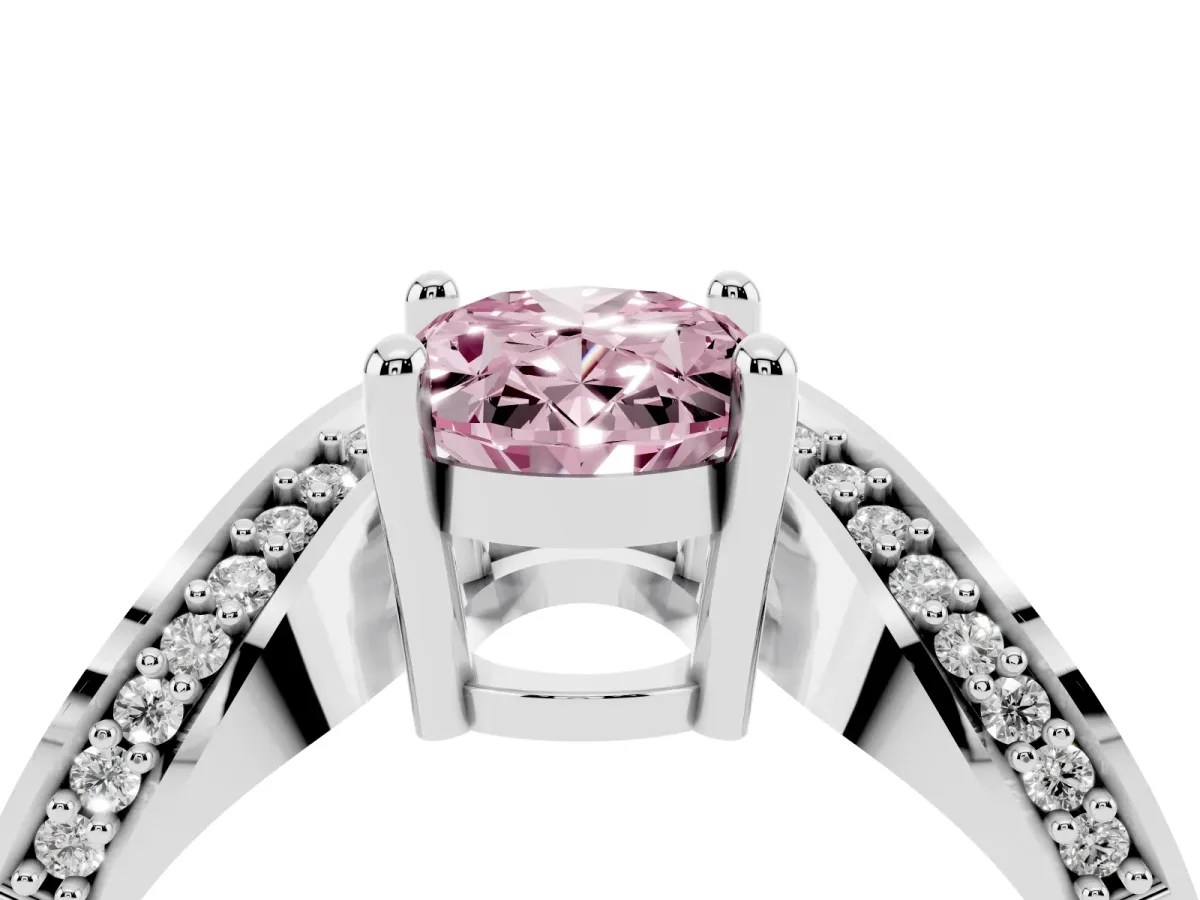 Fancy Pink Oval Cut Solitaire Diamond Engagement Ring with Pave Band and Four-Prong Setting Silver