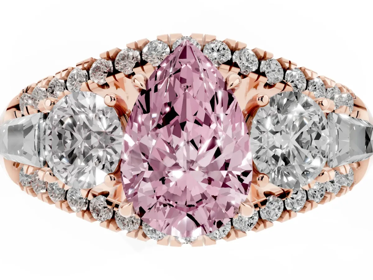 Fancy Pink Three-Stone Pear Cut Diamond Engagement Ring with Pave Band and Prong Setting Rose gold