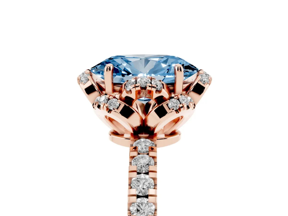 Fancy Blue Oval Cut Halo Diamond Pave Band Ring with Four-Prong Setting Rose gold