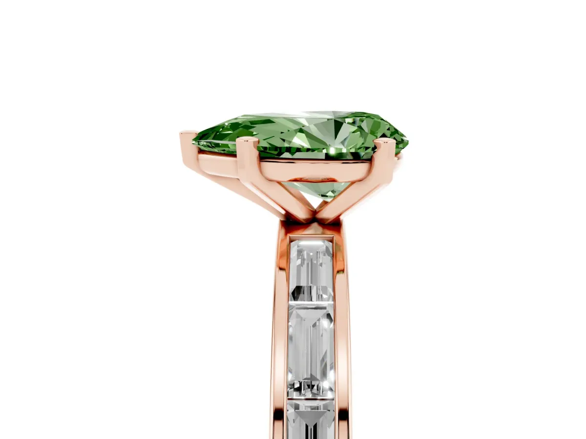 Fancy Green Pear Cut Solitaire Diamond Ring with Channel-Set Baguette Band and Four-Prong Setting Rose gold