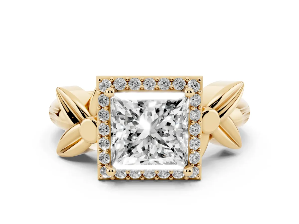 Princess Cut Halo Diamond Floral Band with Four-Prong Setting Yellow gold