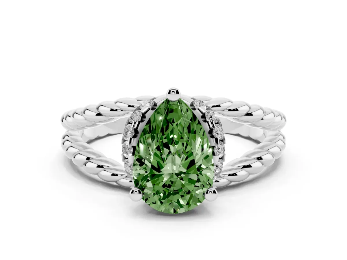 Fancy Green Pear Cut Halo Twisted Band Four-Prong Ring Silver