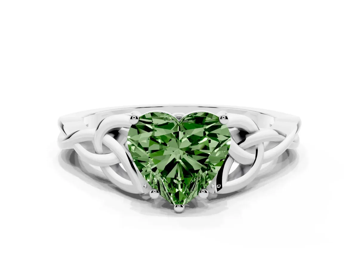 Fancy Green Heart Cut Diamond Solitaire Engagement Ring with Celtic Knot Band and Four-Prong Setting White gold