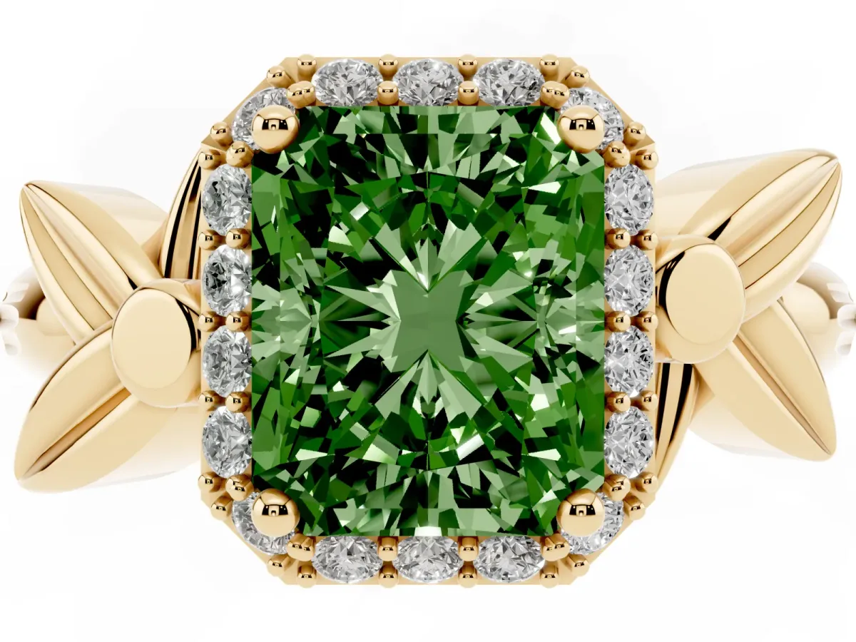 Fancy Green Radiant Cut Halo Diamond Floral Band with Four-Prong Setting Yellow gold