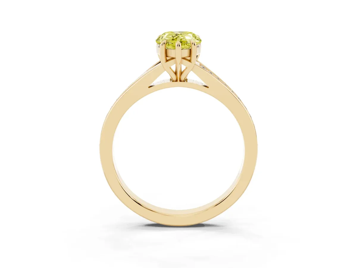 Fancy Yellow Pear Cut Diamond Solitaire Ring with Pavé Band and Prong Setting Yellow gold