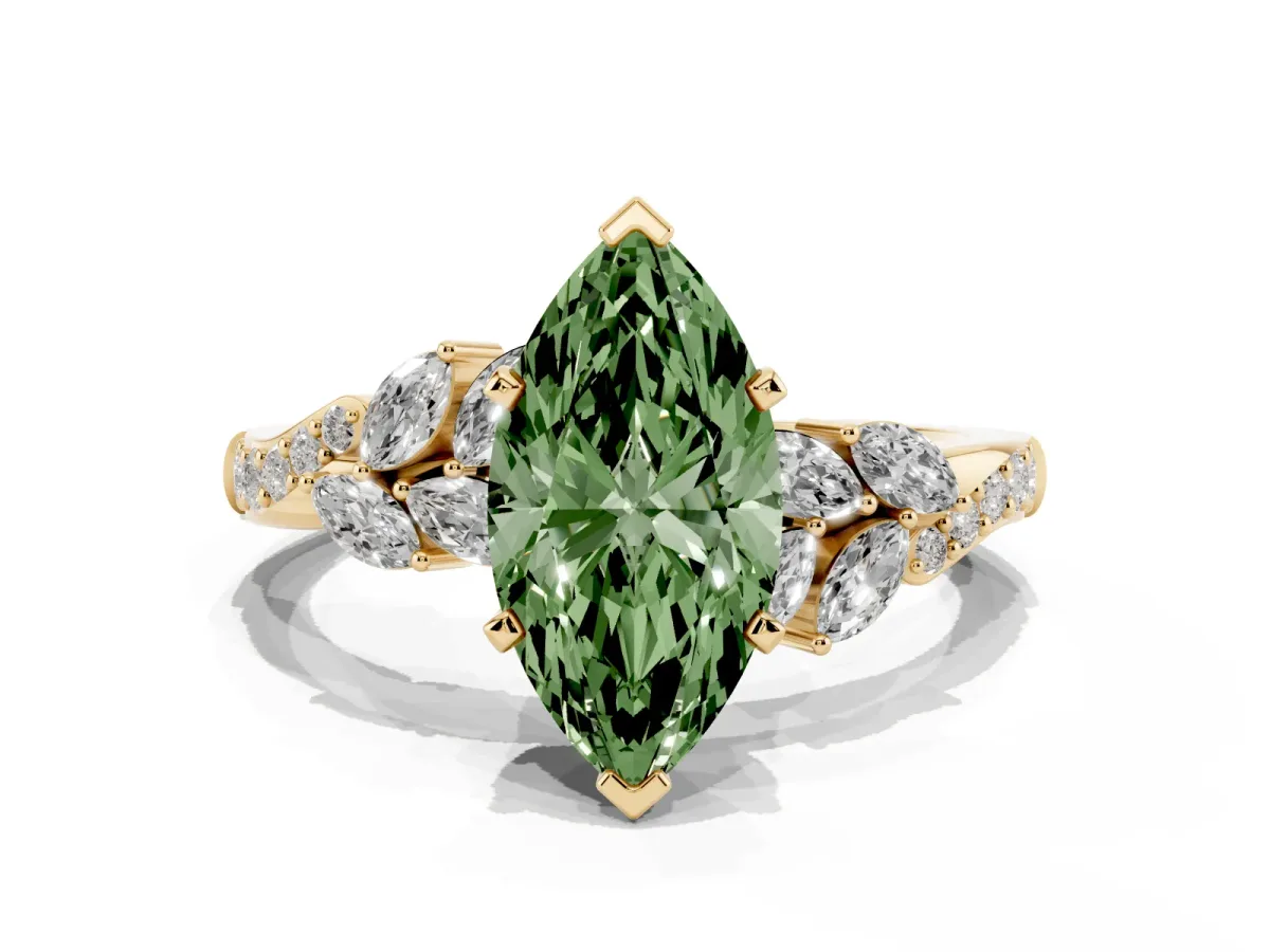 Fancy Green Marquise Cut Solitaire Marquise Twist Band with Six-Prong Setting Yellow gold