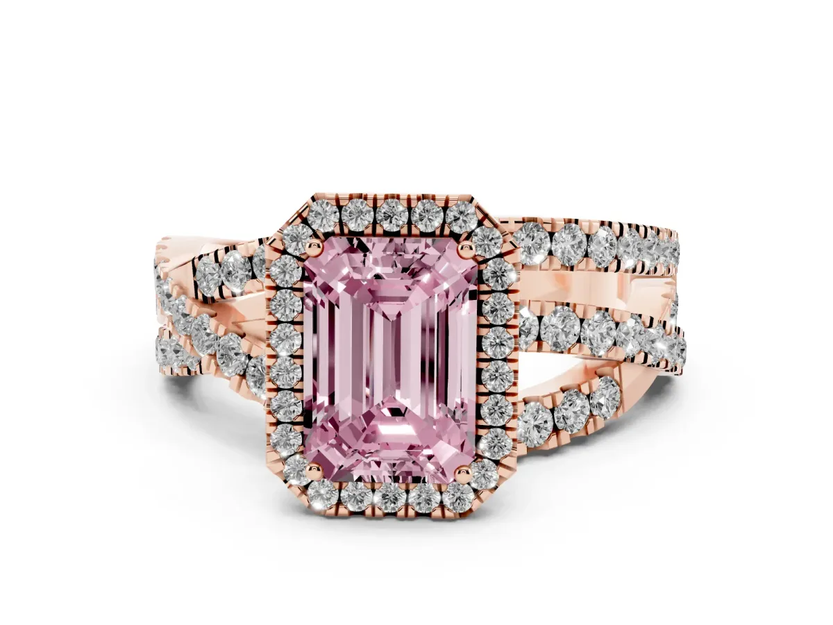 Fancy Pink Emerald Cut Diamond Halo Ring with Round Split Shank and Prong Setting Rose gold