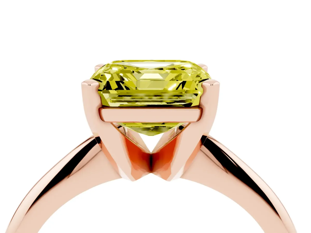 Fancy Yellow Asscher Cut Cut Solitaire Ring with Four-Prong Setting on a Classic Band Rose gold