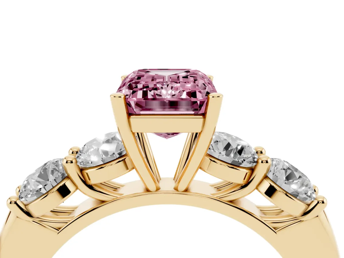 Fancy Pink Emerald Cut Cut Five-Stone Prong Set Diamond Ring with Classic Band Yellow gold