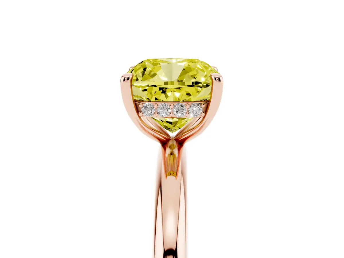 Fancy Yellow Cushion Cut Diamond Solitaire Ring with Thin Band and Four-Prong Setting Rose gold