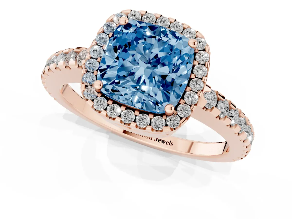Fancy Blue Cushion Cut Diamond Halo Engagement Ring with Pavé Band and Prong Setting Rose gold