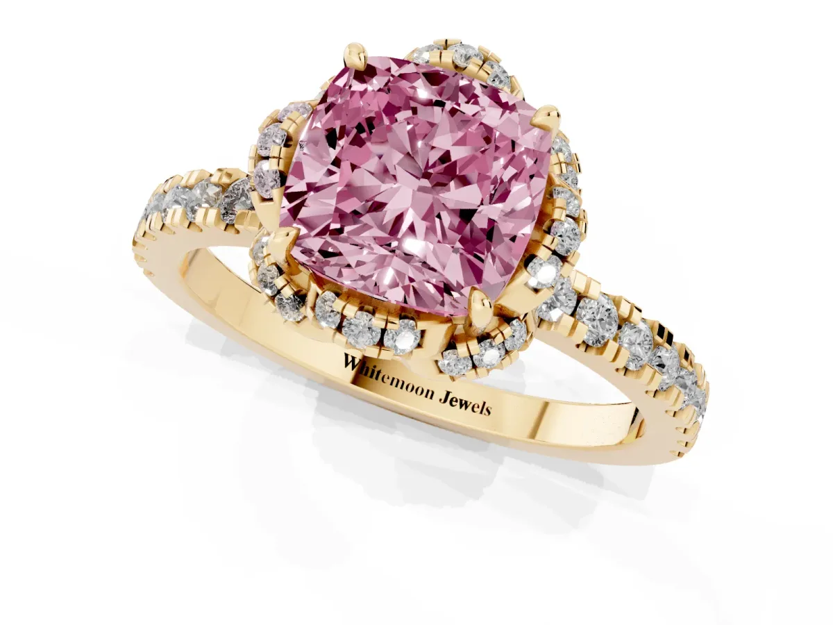 Fancy Pink Cushion Cut Halo Diamond Pave Band Ring with Four-Prong Setting Yellow gold