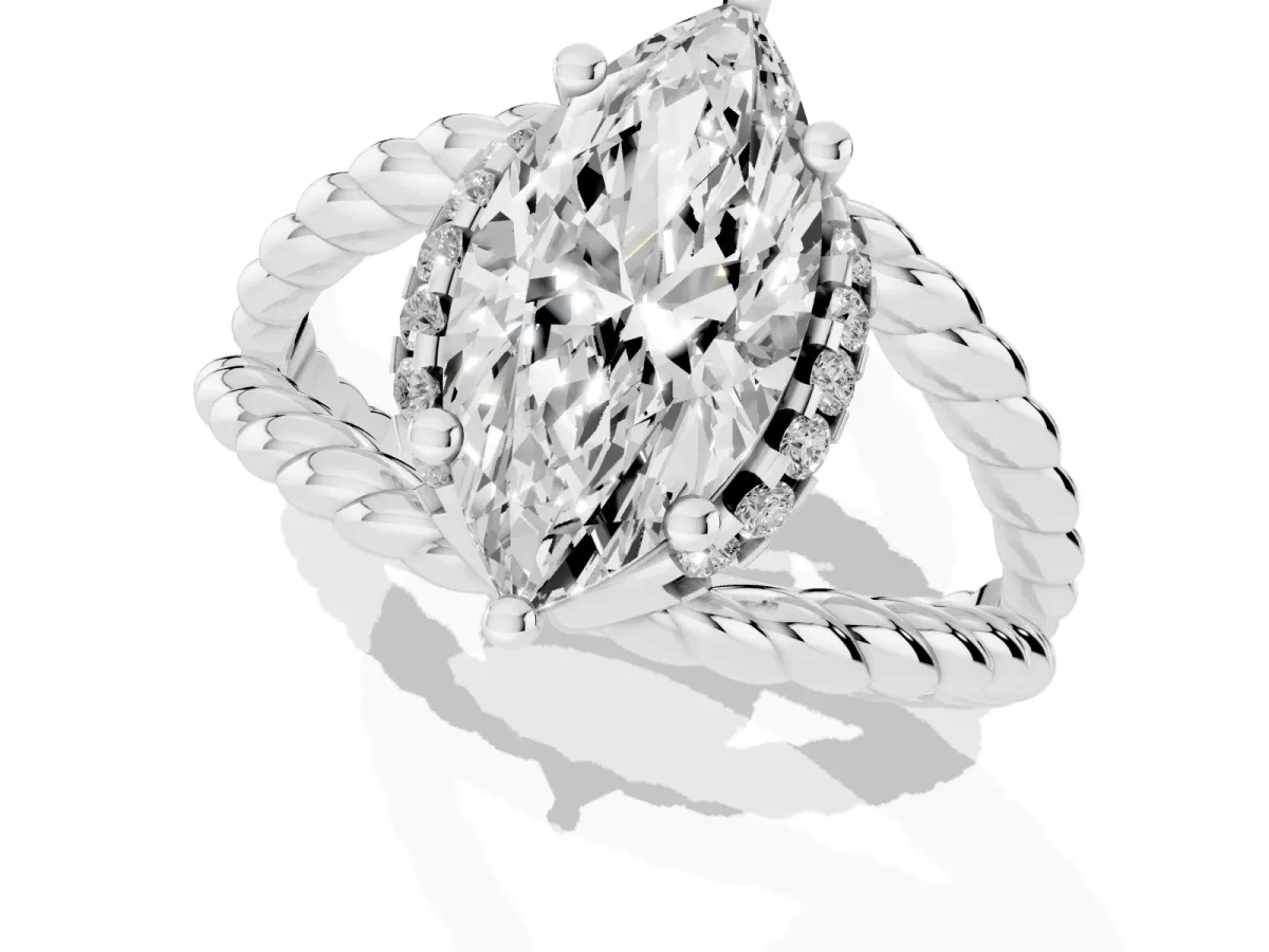 Marquise Cut Halo Twisted Band Four-Prong Ring Silver