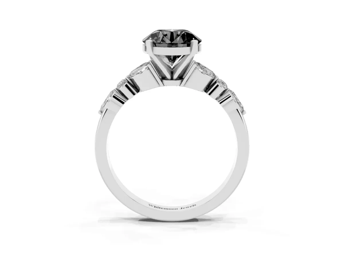 Fancy Black Round Cut Diamond Solitaire Ring with Side Stones and Four-Prong Setting Silver