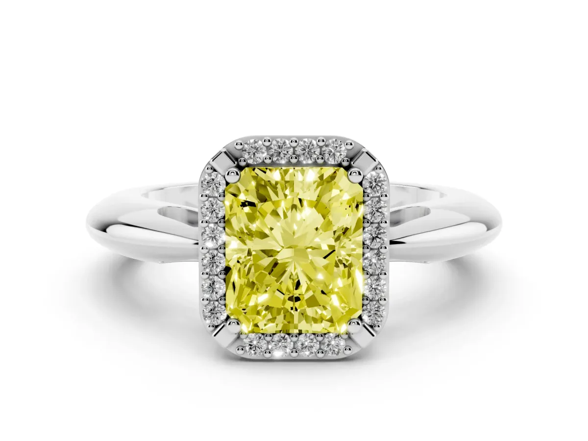 Fancy Yellow Radiant Cut Cut Diamond Halo Engagement Ring with Split Shank and Four-Prong Setting Silver