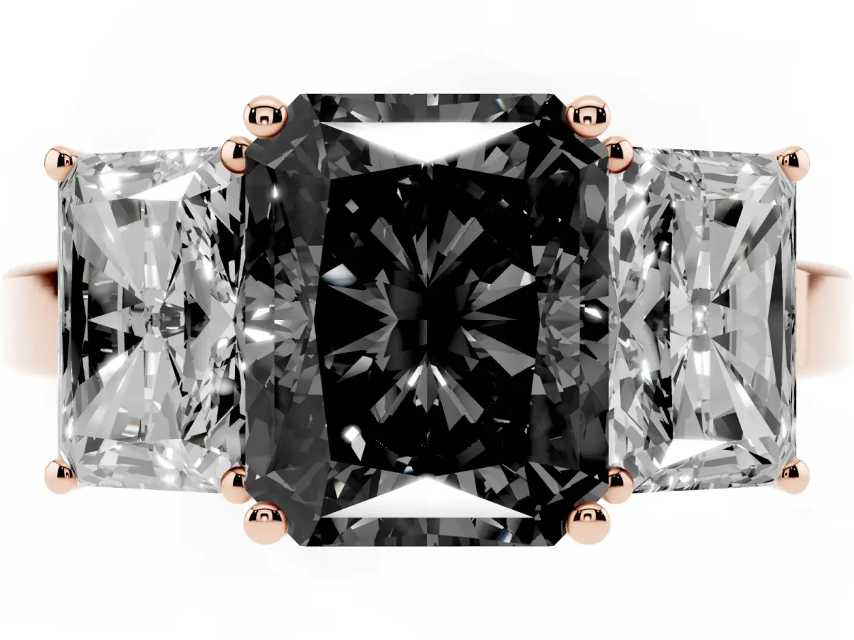 Fancy Black Three-Stone Radiant Cut Cut Diamond Engagement Ring with Flat Band and Four-Prong Setting Rose gold