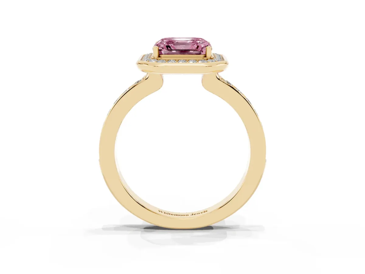 Fancy Pink Asscher Cut Diamond Halo Ring with Bezel Frame and Pavé Band Yellow gold