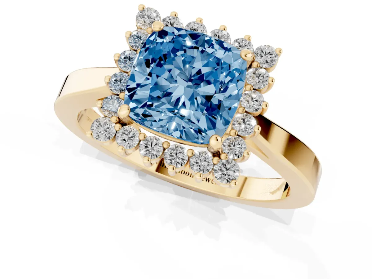 Fancy Blue Cushion Cut Cut Diamond Halo Ring with Round Brilliant Halo and Solitaire Band Yellow gold